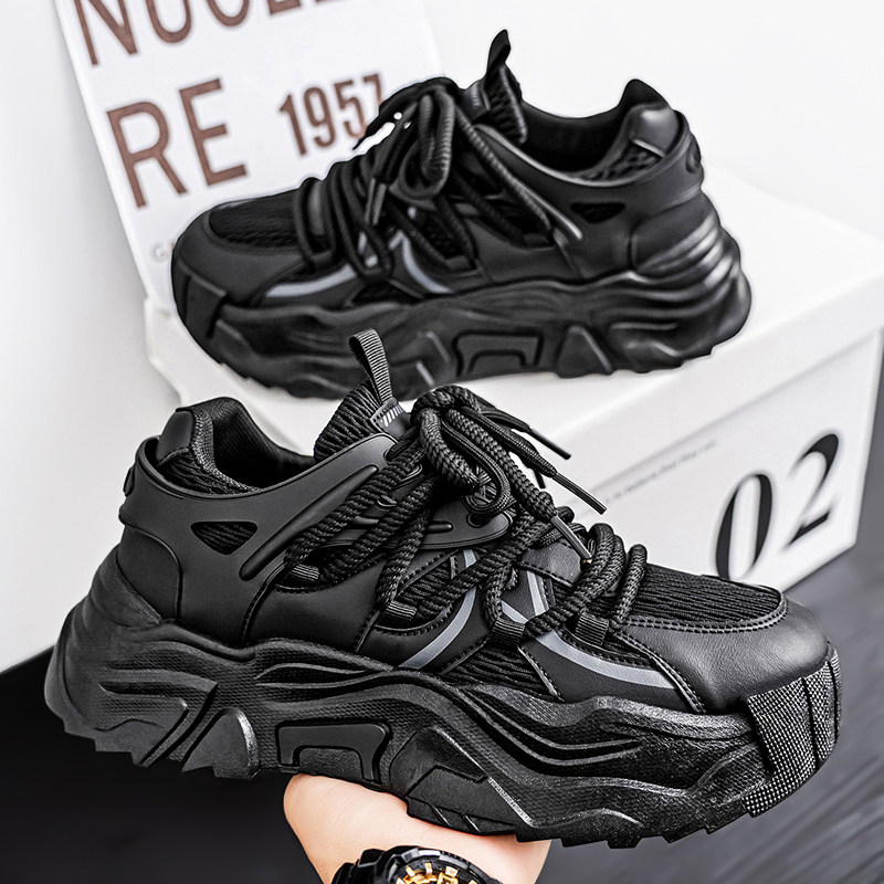 黑武士男鞋秋季透气2025新款纯黑色鞋子男款运动鞋厚底增高老爹鞋