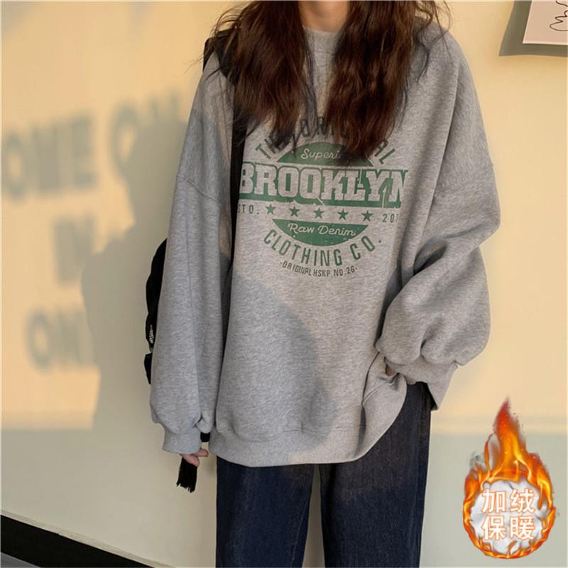 加绒加厚韩版卫衣女圆领字母宽松情侣装打底衫女士外贸跨境女装潮