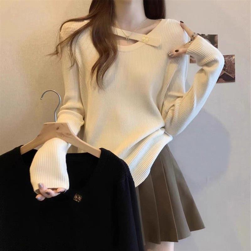 大码慵懒风软糯毛衣女春秋2025新款针织衫打底衫胖mm遮肚上衣藏肉