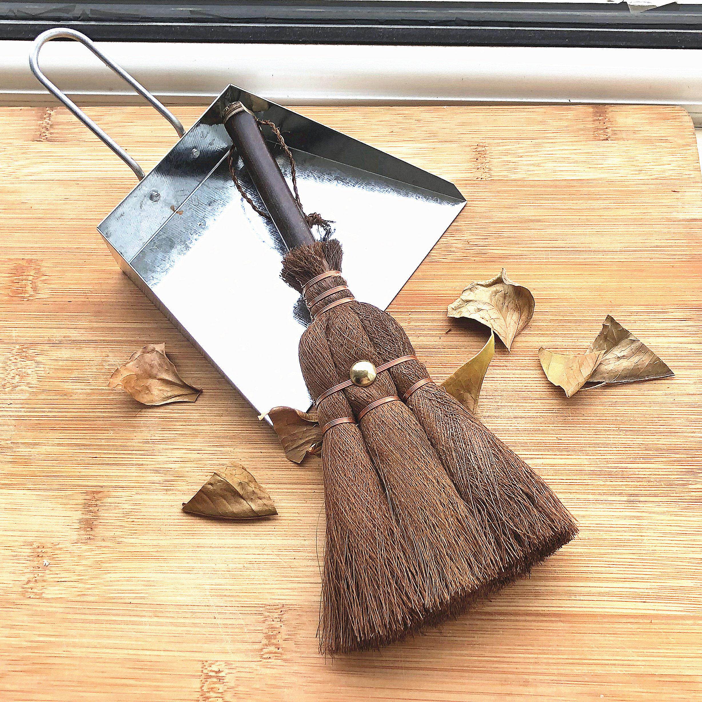 天然棕色桌面小扫帚和簸箕套装组合茶具清洁床刷植物棕色扫帚软毛