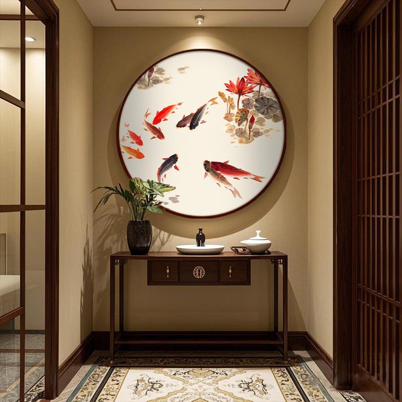 九鱼图挂画入户玄关装饰画圆形新中式客厅餐厅背景墙锦鲤聚财壁画图片