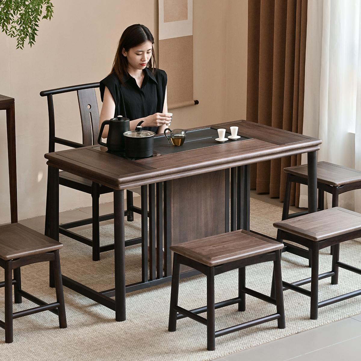 北美黑胡桃木新中式实木家用阳台茶台茶桌烧水壶一体嵌入式小型