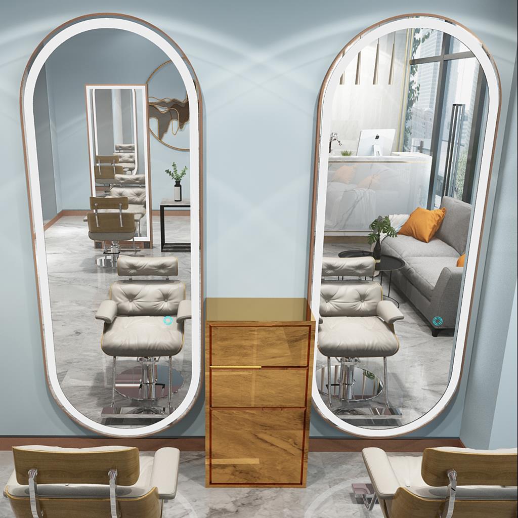 理发店镜子发廊烫染专用壁挂式美发镜台单面体落地带智能灯镜led