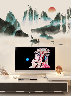 极速新中a式玄关客厅装饰画中国风墙贴纸走廊山水画墙面荷花贴画