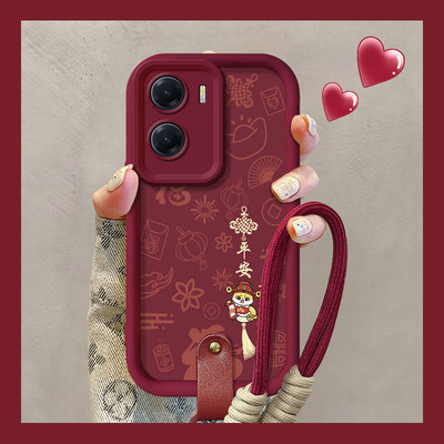 适用vivoY35m+手机壳Y35新款Y70s红色喜庆Y55s平安喜乐Y30g带手绳Y17硅胶套Y32t防摔壳Y33e新年款Y50全包防摔