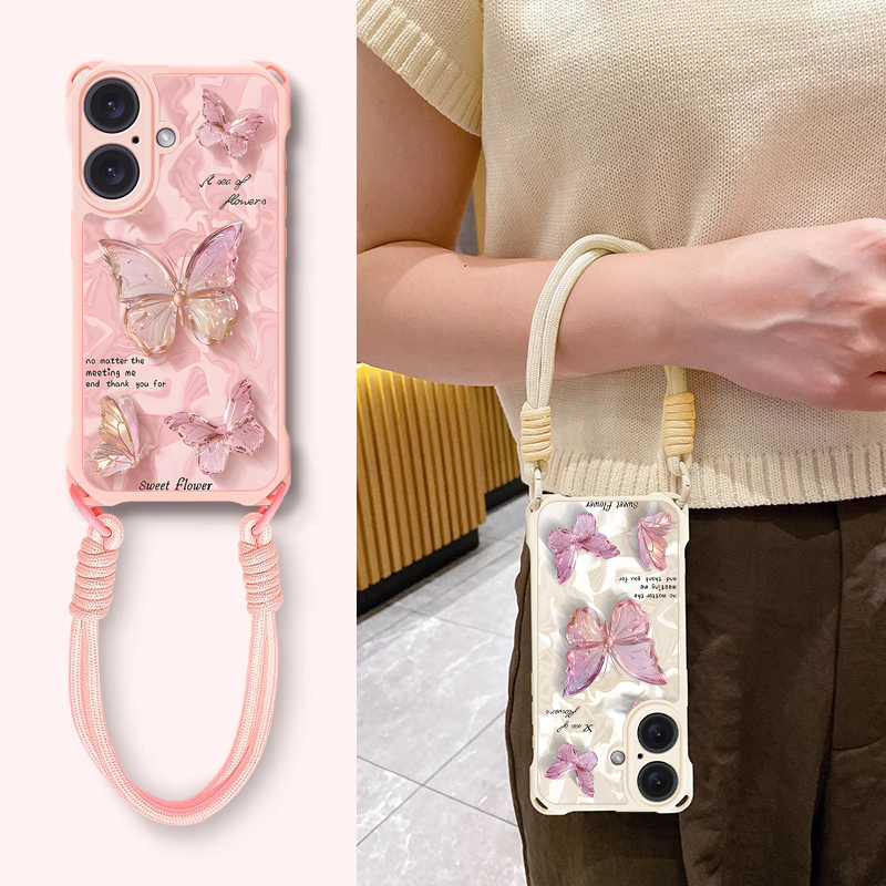 适用iPhone16手机壳15Promax波纹蝴蝶14Plus新款女13Pro全包硅胶防摔12高级感11轻奢风X苹果8创意7四角挂绳壳