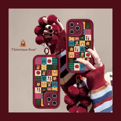 适用苹果16promax手机壳新款iphone15pro秋冬14防摔13可爱女12网红xsmax菱格小熊8plus毛绒7p高级感6s全包se2