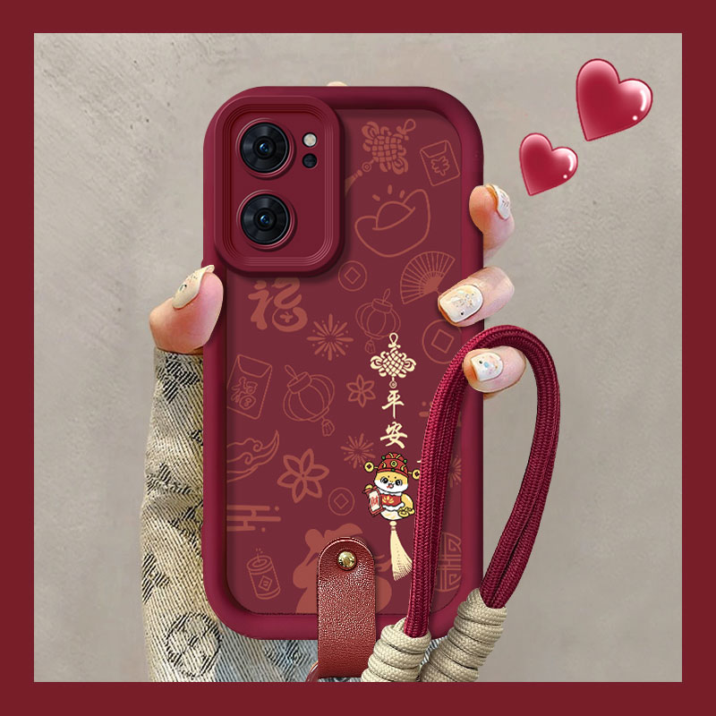 适用OPPOReno7手机壳Reno7SE红色Reno6Pro平安喜乐Reno5K国潮文字4SE硅胶保护套元气版防摔软壳时尚带手绳
