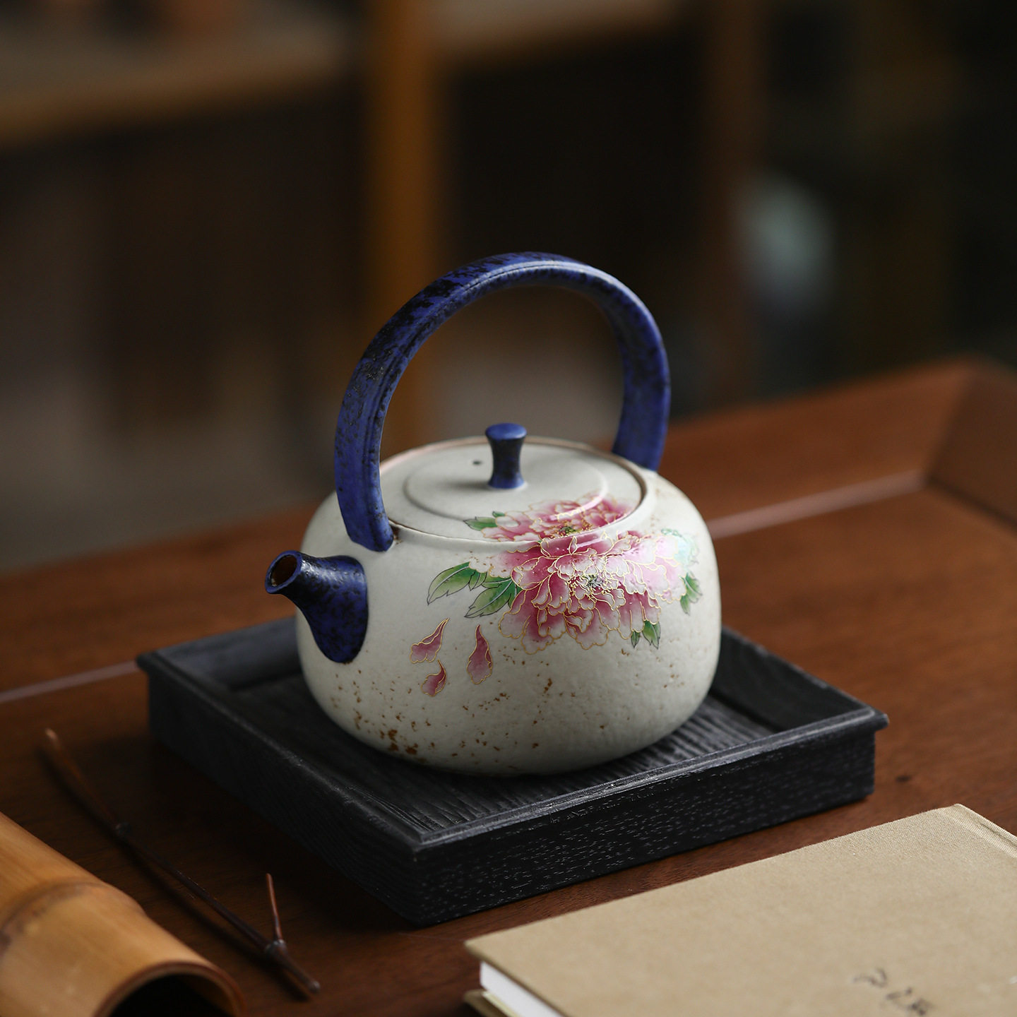 青花火石红提梁壶家用陶瓷简约过滤茶壶单壶中式复古泡茶器