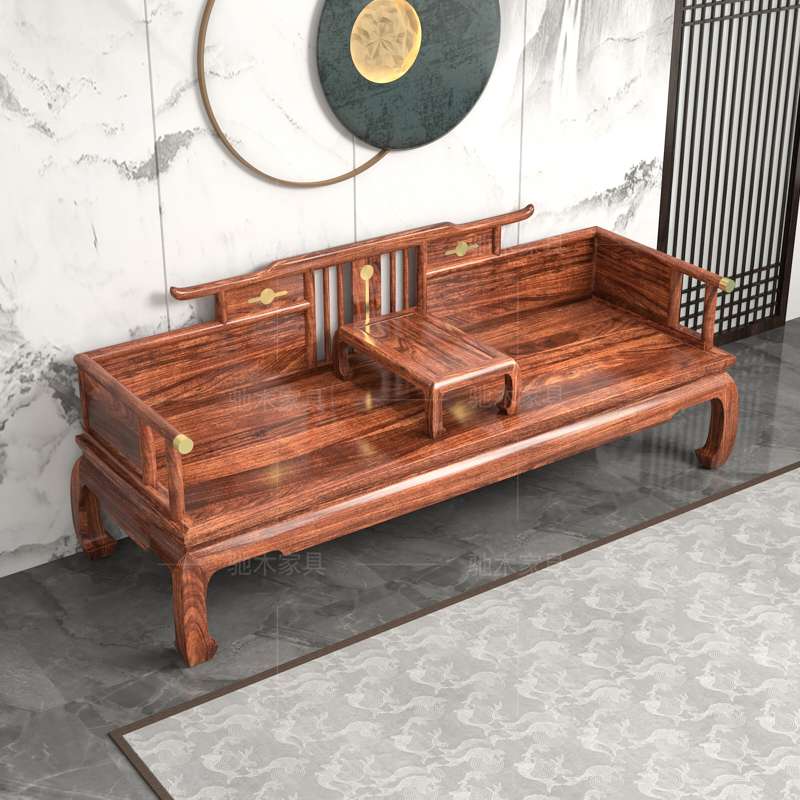 ?新中式乌金木罗汉床小户型实木推拉床茶桌椅组合两用沙发抽拉