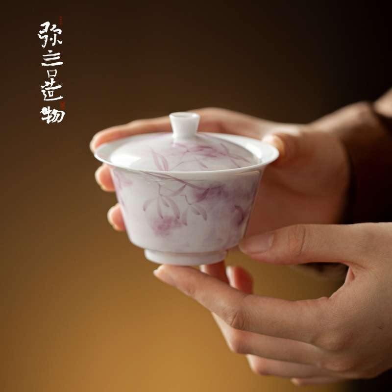 弥言白瓷手绘兰花盖碗家用不烫手泡茶碗茶杯纯手工陶瓷薄胎泡茶器