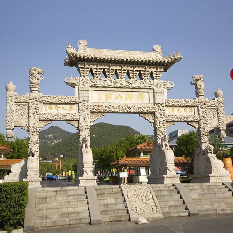 制作三门五楼石雕牌坊户外景区青石牌坊牌楼村头大门摆件
