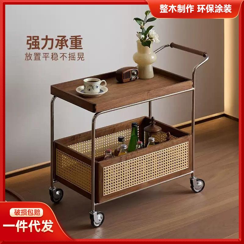 实木边几可收纳小推车客厅沙发储物置物架藤编简约餐车移动茶几
