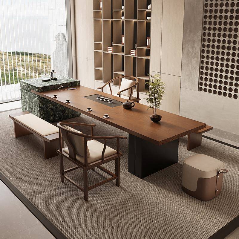 意式实木岛台茶桌椅组合轻奢办公室泡茶桌高级感客厅家用大板茶台