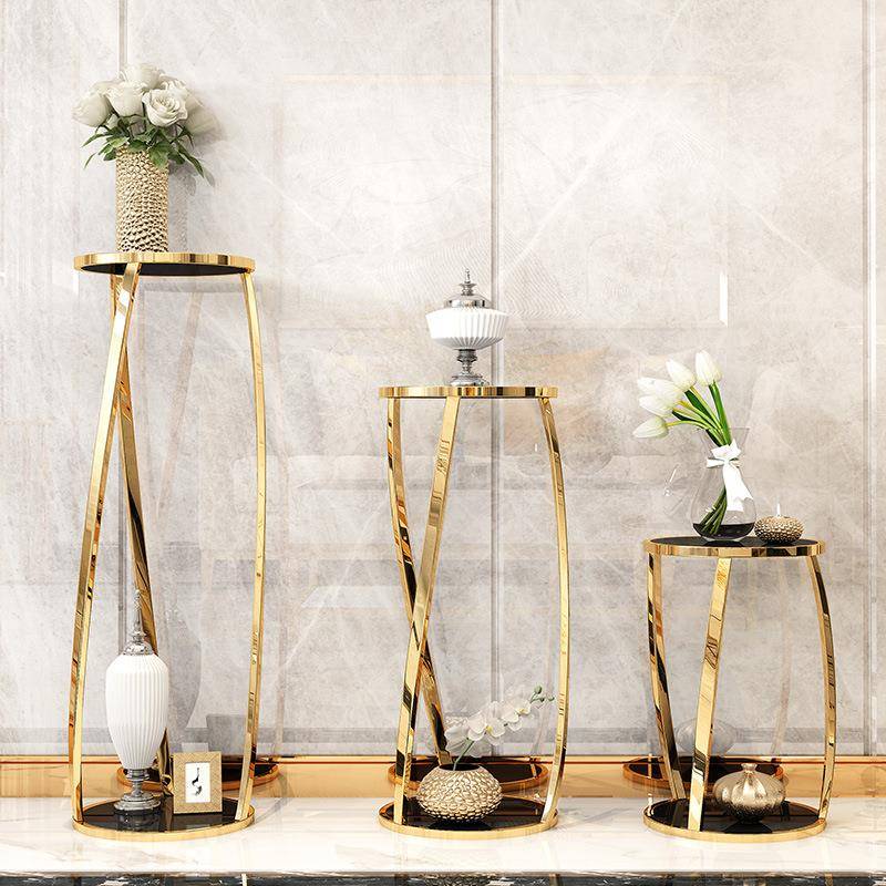 轻奢花架圆形客厅现代简约不锈钢花架子室内落地港式金属置物花盘