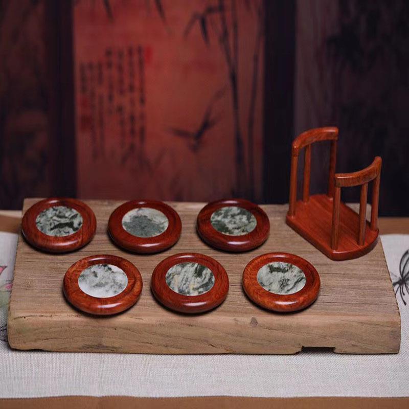 缅甸花梨实木制作圆形茶杯垫镶嵌天然云石家居客厅茶桌摆放工艺品