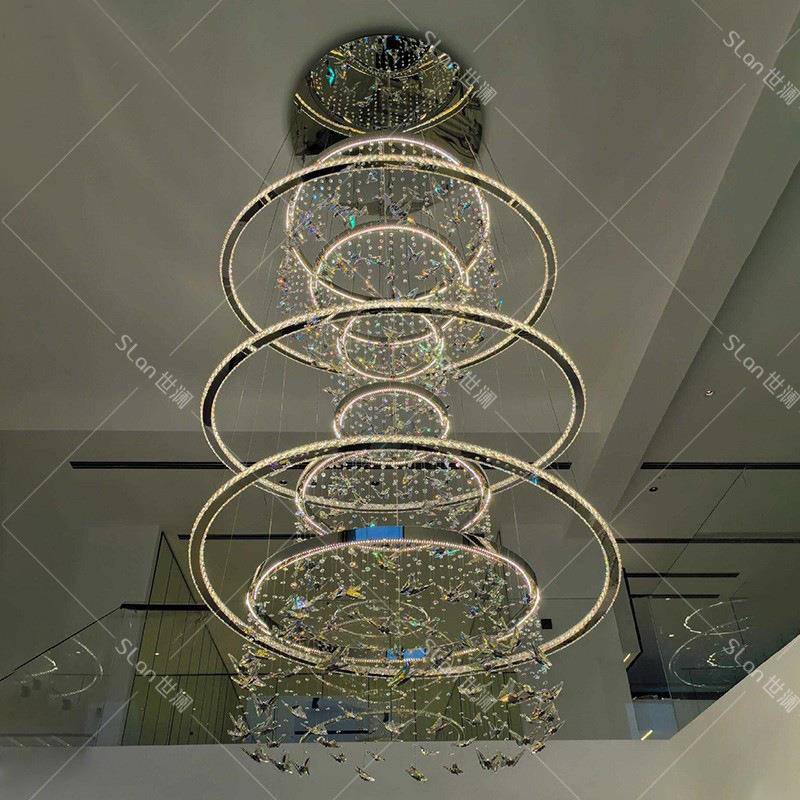 现代简约别墅挑空客厅吊灯2024新款水晶蝴蝶复式楼中楼中空大吊灯