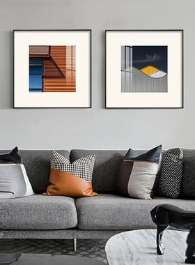 蓝色橙色装饰画轻奢风建筑摄影挂画设计师艺术卡纸壁画客厅墙画