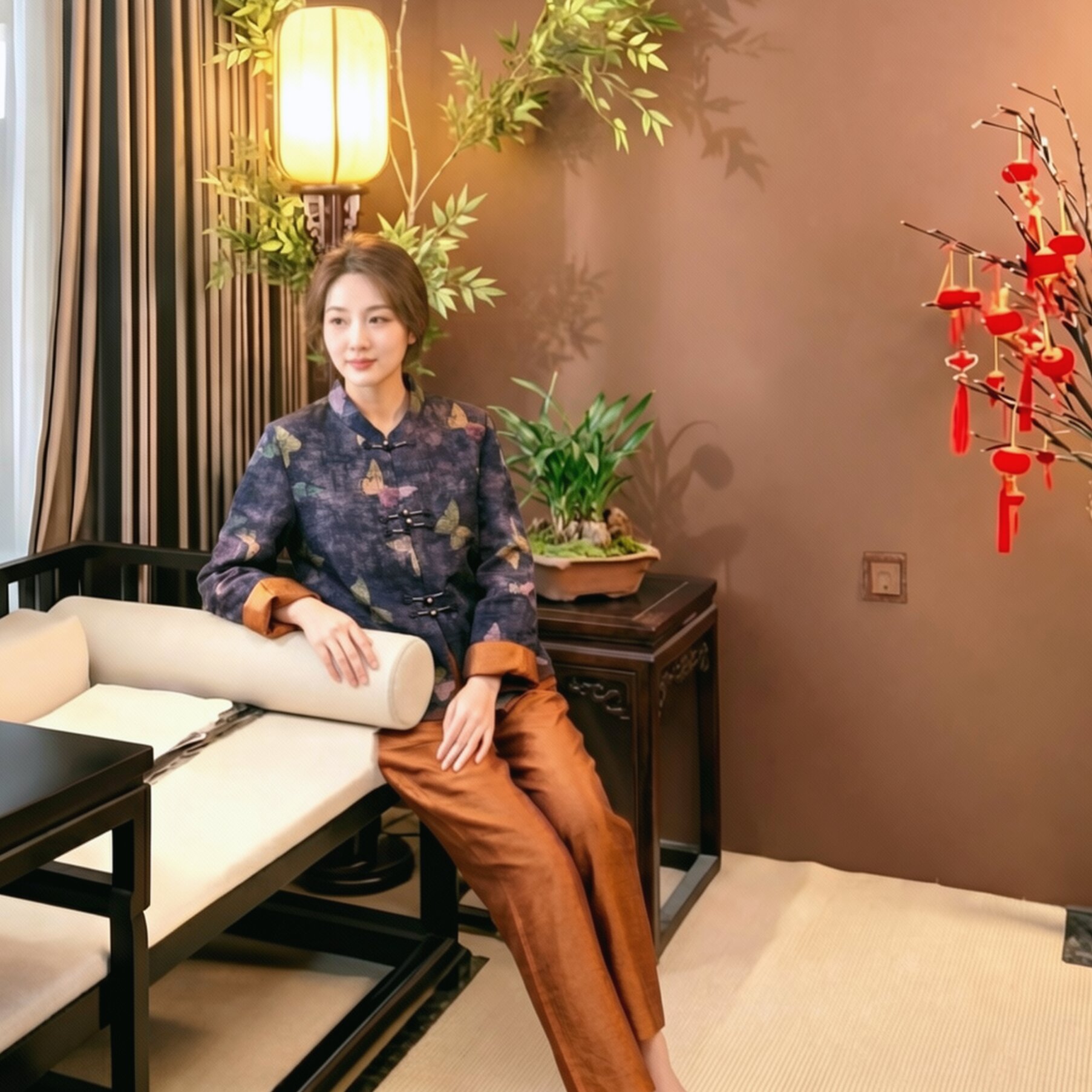 新中式国风改良短外套女立领盘扣轻奢气质上衣蝴蝶印花长袖女装