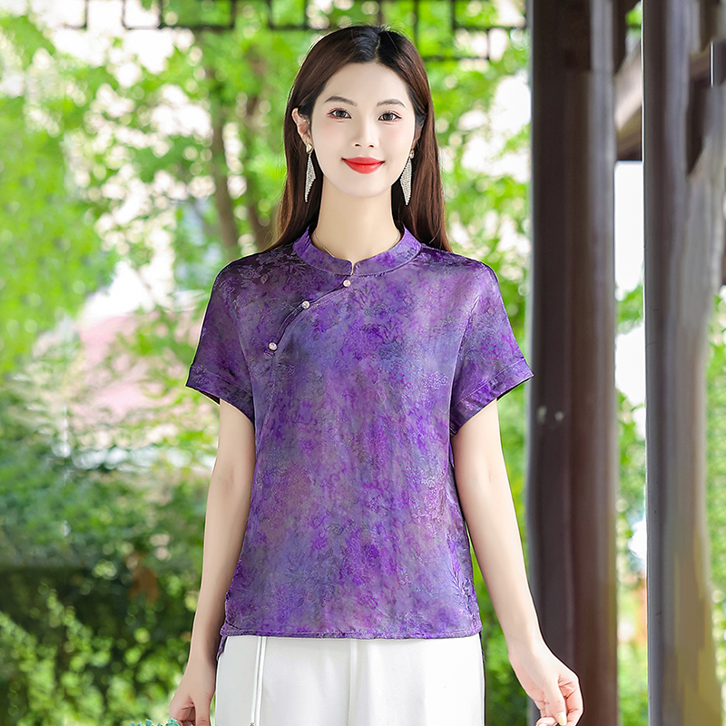 紫韵华裳新中式真丝女装立领印花小衫短袖夏季新款国风桑蚕丝衬衫