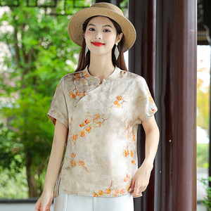 金桔含香新中式真丝女装立领印花小衫短袖夏季新款国风桑蚕丝衬衫