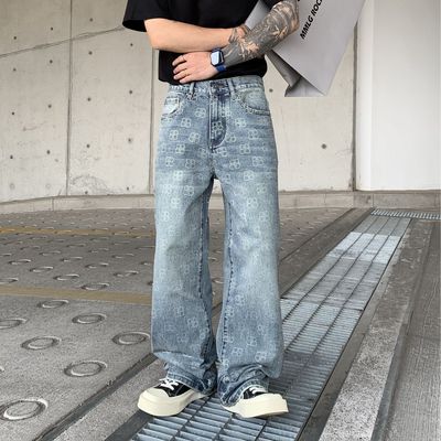 高端潮牌烫钻牛仔裤男士2025新款美式高街满钻宽松直筒阔腿长裤子