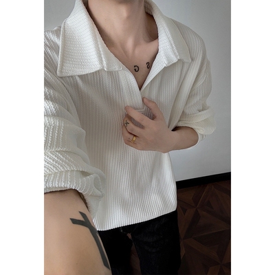 肌理感衬衫领长袖T恤男秋季潮牌极简老钱风穿搭宽松慵懒风上衣男