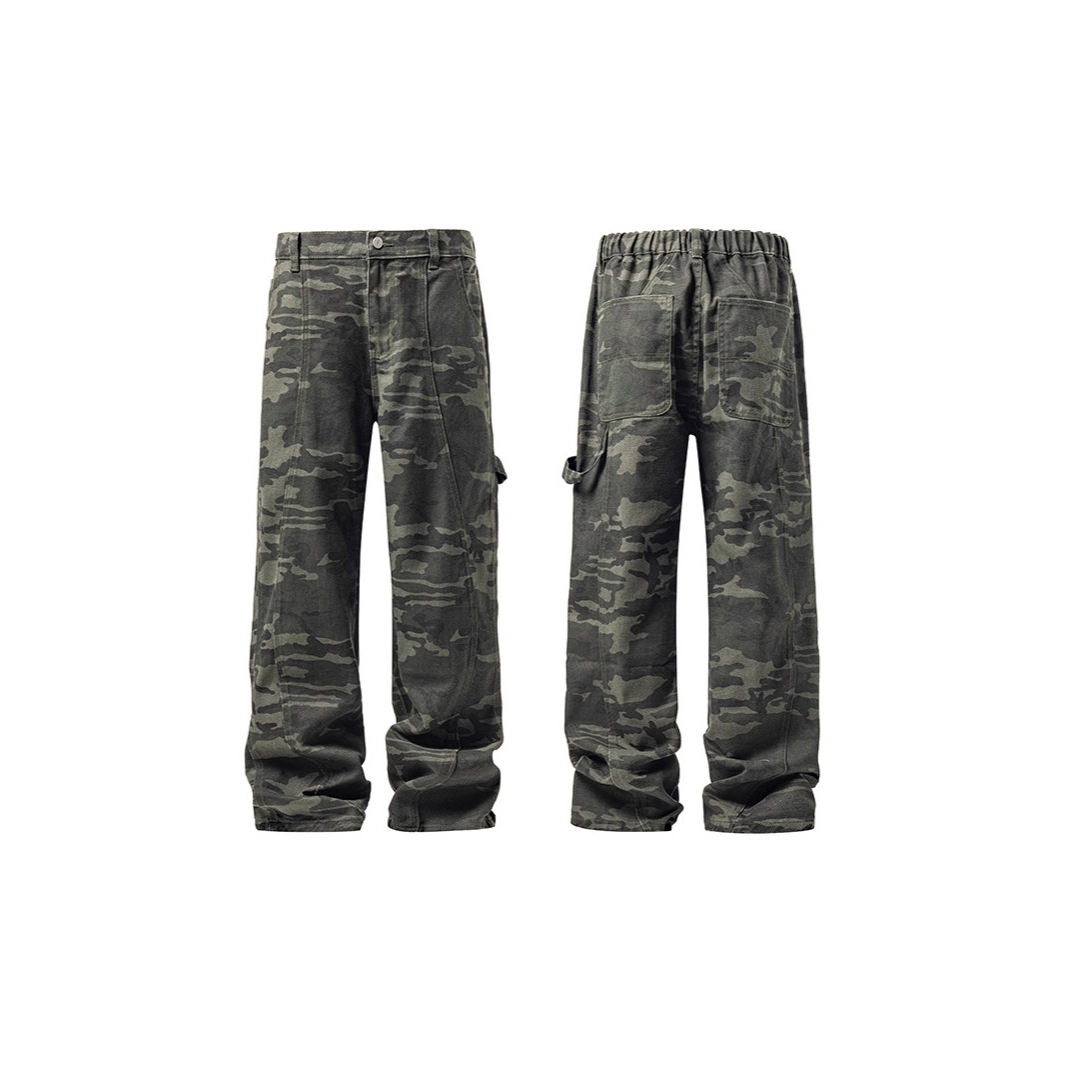 美式迷彩伐木工装裤男高街复古潮牌解构设计感直筒宽松做旧休闲裤