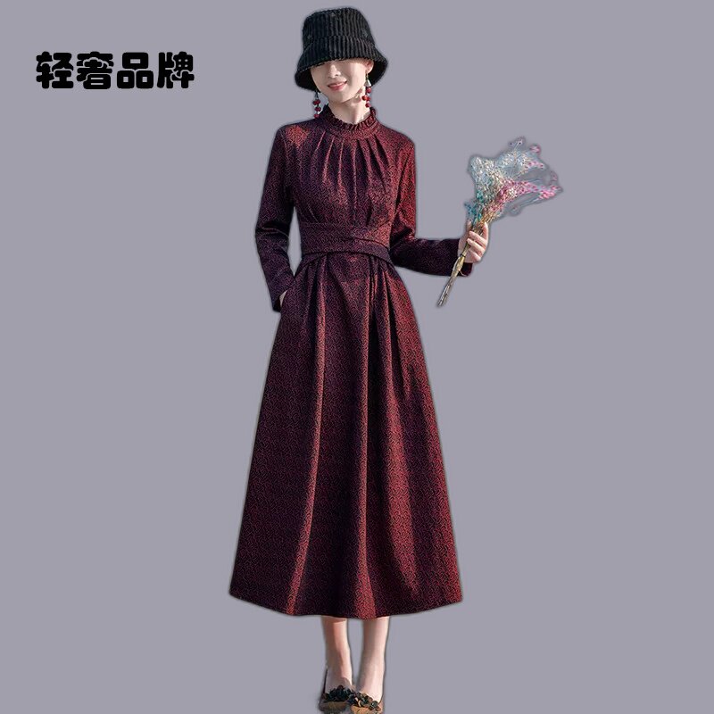 朗姿约定民族风加厚锦棉连衣裙高档秋季文艺女装气质打底裙长裙子