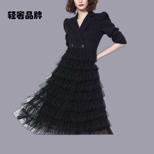 AUI黑色网纱蛋糕西装连衣裙女2025春秋新款名媛气质假两件中长裙