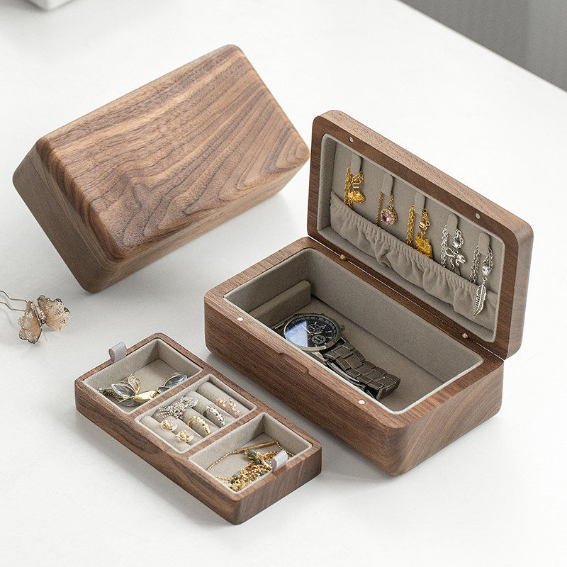 黑胡桃双层便携首饰盒小号整木饰品收纳盒耳环项链手表盒结婚礼品,收纳整理,首饰盒,淘宝优惠券,粉丝福利购,淘宝优惠卷