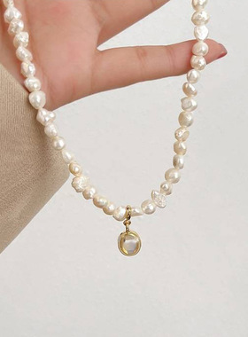 极速月光石吊坠淡水珍珠项炼女小众E设计感天然巴洛克珍珠锁骨链