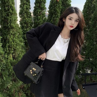 新品韩版宽松中长款卡其色毛呢西装外套女高腰a字U不规则半身裙两