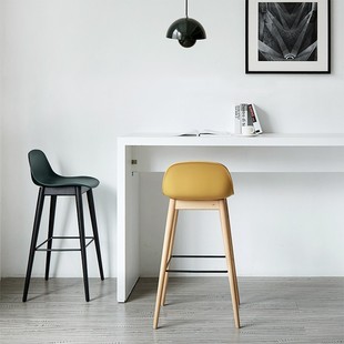 极速北欧风实木靠背吧椅现代简约实木腿高K脚凳酒吧椅家用创意前
