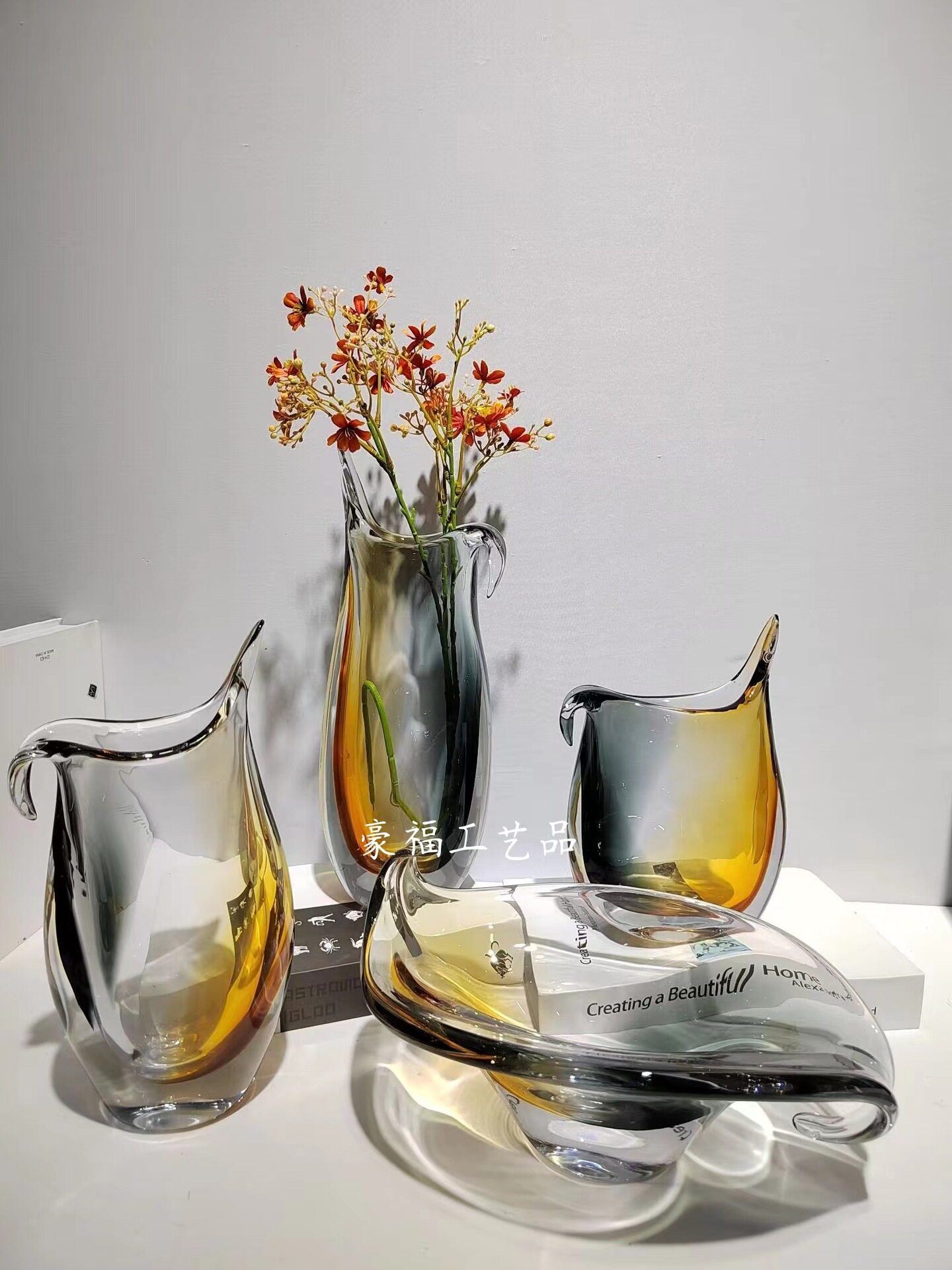 现代轻奢高档琉璃花瓶三色插花玻璃花瓶摆件家居桌面装饰布置