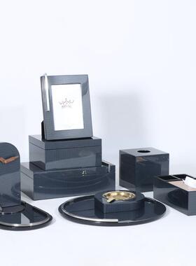 木质钢琴烤漆深蓝色多功能纸巾盒托盘摆件样板房卧室高级感摆设