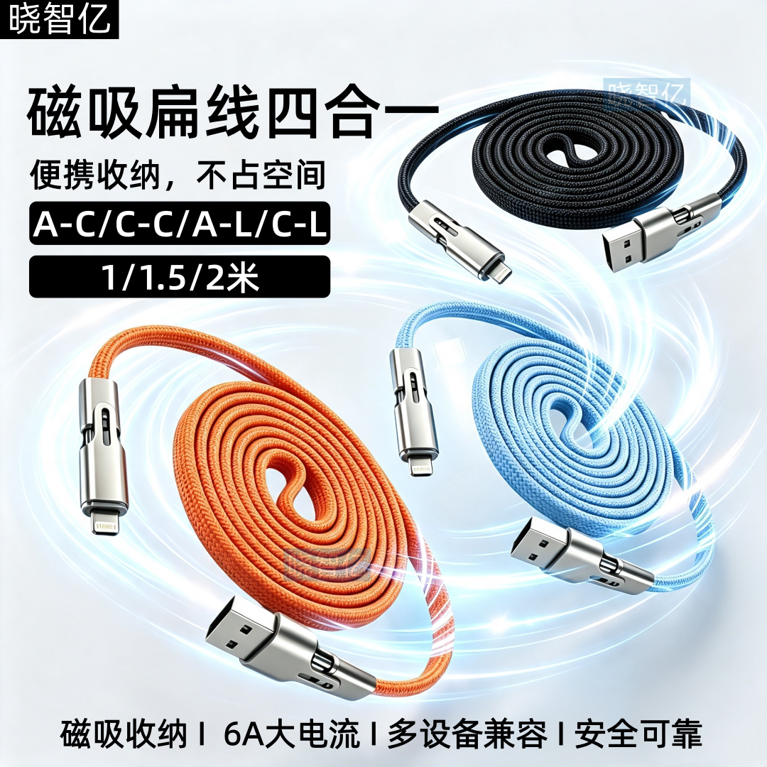 【1/1.5/2米】扁线面条磁吸收纳数据线四合一超级快充pd闪充适用苹果18/16/17华为荣耀安卓通用双typec车载