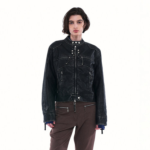 修身休闲短款柳钉骑士皮衣