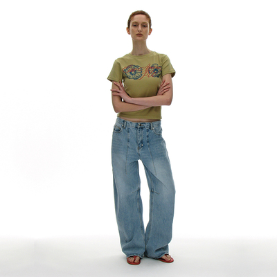 阔腿长款中腰阔腿水洗直筒牛仔裤