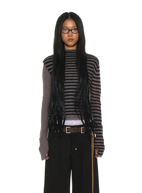 双层仿高领条纹针织衫 韩国正品 PARTIMENTO 撞色袖型半短款毛衣