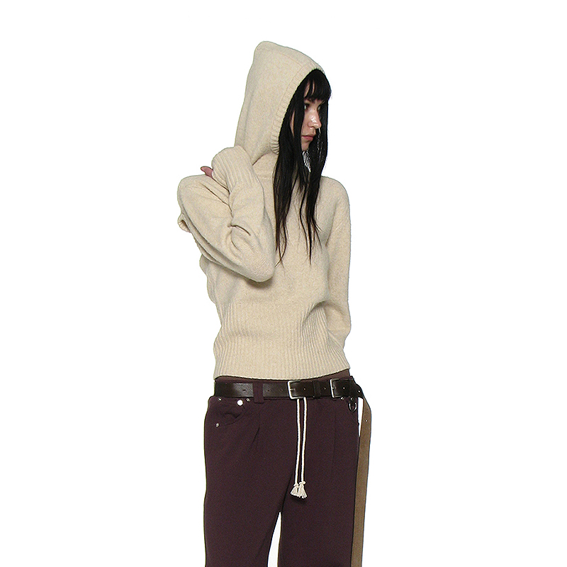 后领纽扣开合镂空保暖针织连帽衫