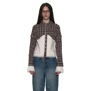 设计感袖 格纹蕾丝拼接衬衫 PARTIMENTO 韩国正品 子可拆卸上衣 女