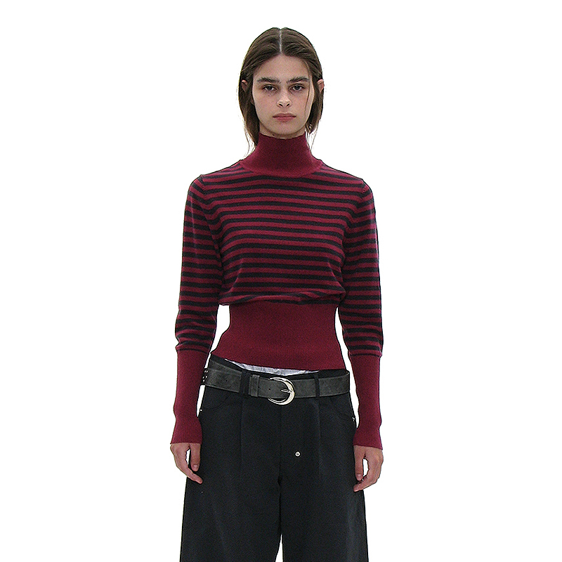 正反两面穿搭条纹毛衣 韩国正品PARTIMENTO 高领后背扣式针织上衣