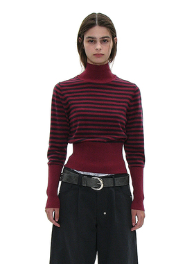 正反两面穿搭条纹毛衣 韩国正品PARTIMENTO 高领后背扣式针织上衣