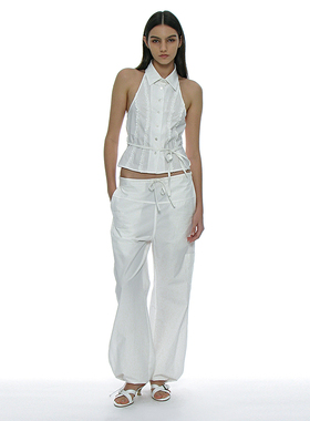 后背绑带修身上衣 PARTIMENTO 荷叶碎花边线条性感露背挂脖吊带