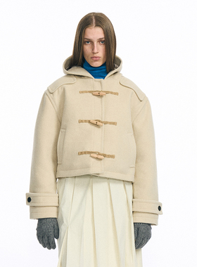 韩国正品 PARTIMENTO 秋冬女款时尚休闲短款双排扣连帽大衣