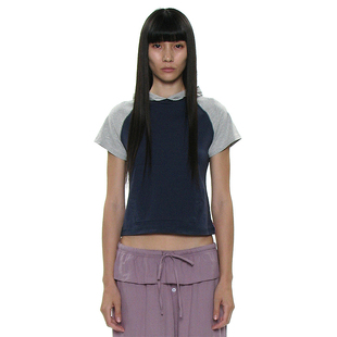 韩国正品 PARTIMENTO 修身 夏季 时尚 T恤 短款 百搭上衣 拼接连帽短袖