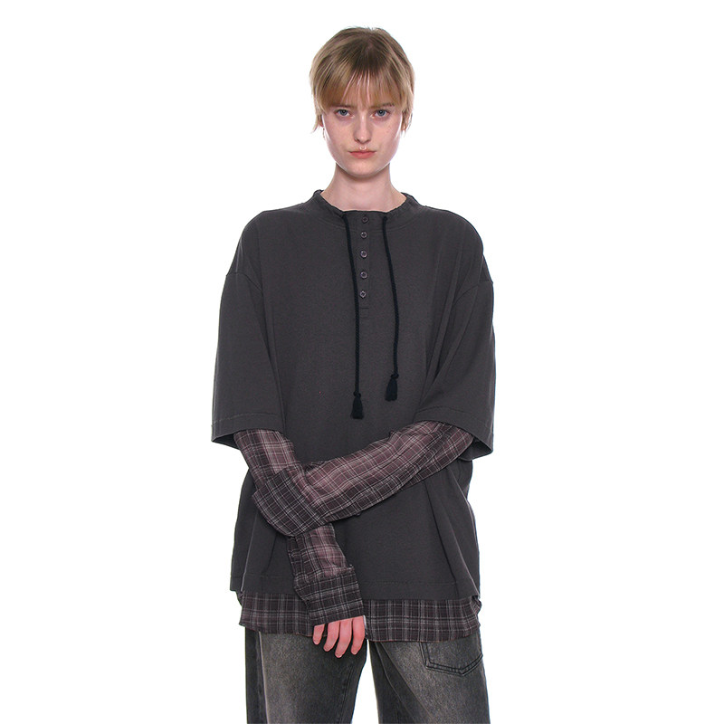 亨利领假两件格纹拼接长袖T恤