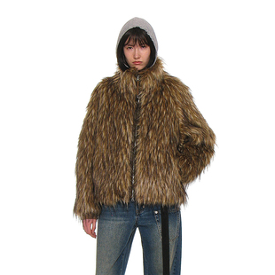 高领保暖毛绒拉链夹克 PARTIMENTO 隐藏口袋双色人造环保皮草外套