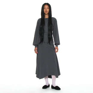 船型领泡泡袖 PARTIMENTO 超长裙 韩国正品 抽褶针织喇叭裙摆连衣裙